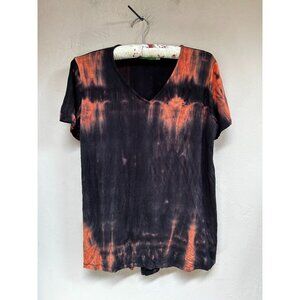 Hagara Israel Women's V-Neck Tie-Dye Tee Shirt Size 2 Short Sleeve Black/Orange